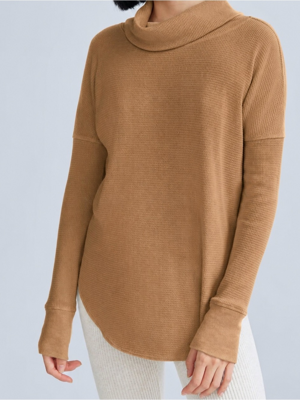 Babaton Camel Waffle-Knit Funnel Cowl Sweater